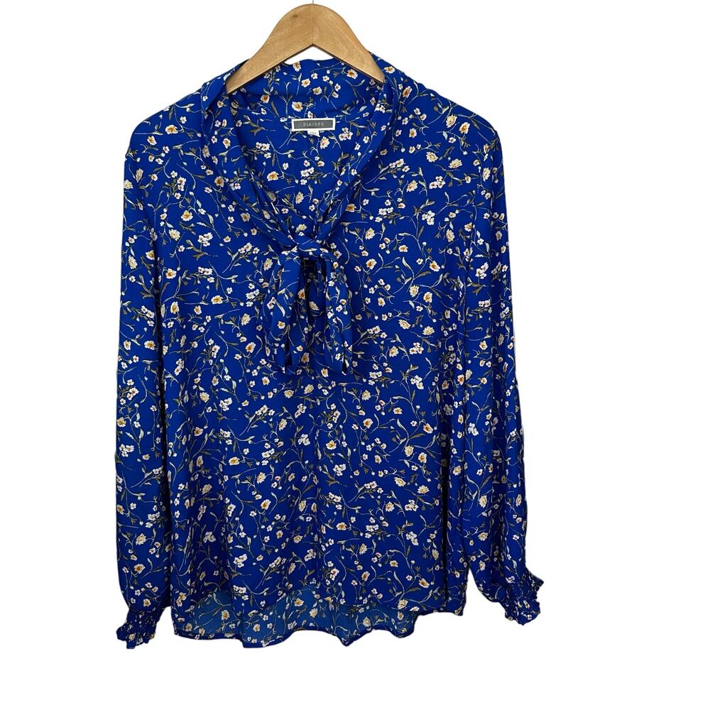 Pleione Ditsy Floral Blouse Tie Neck Chiffon Sleeveless Popover Blue Yellow XL‎